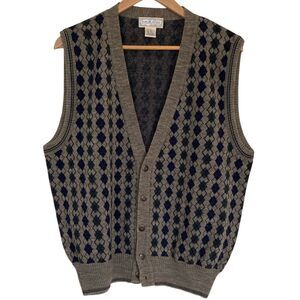 Murano‎ Mens Wool Blend Button Front Dad Vest Size L Grey Navy Diamond Print